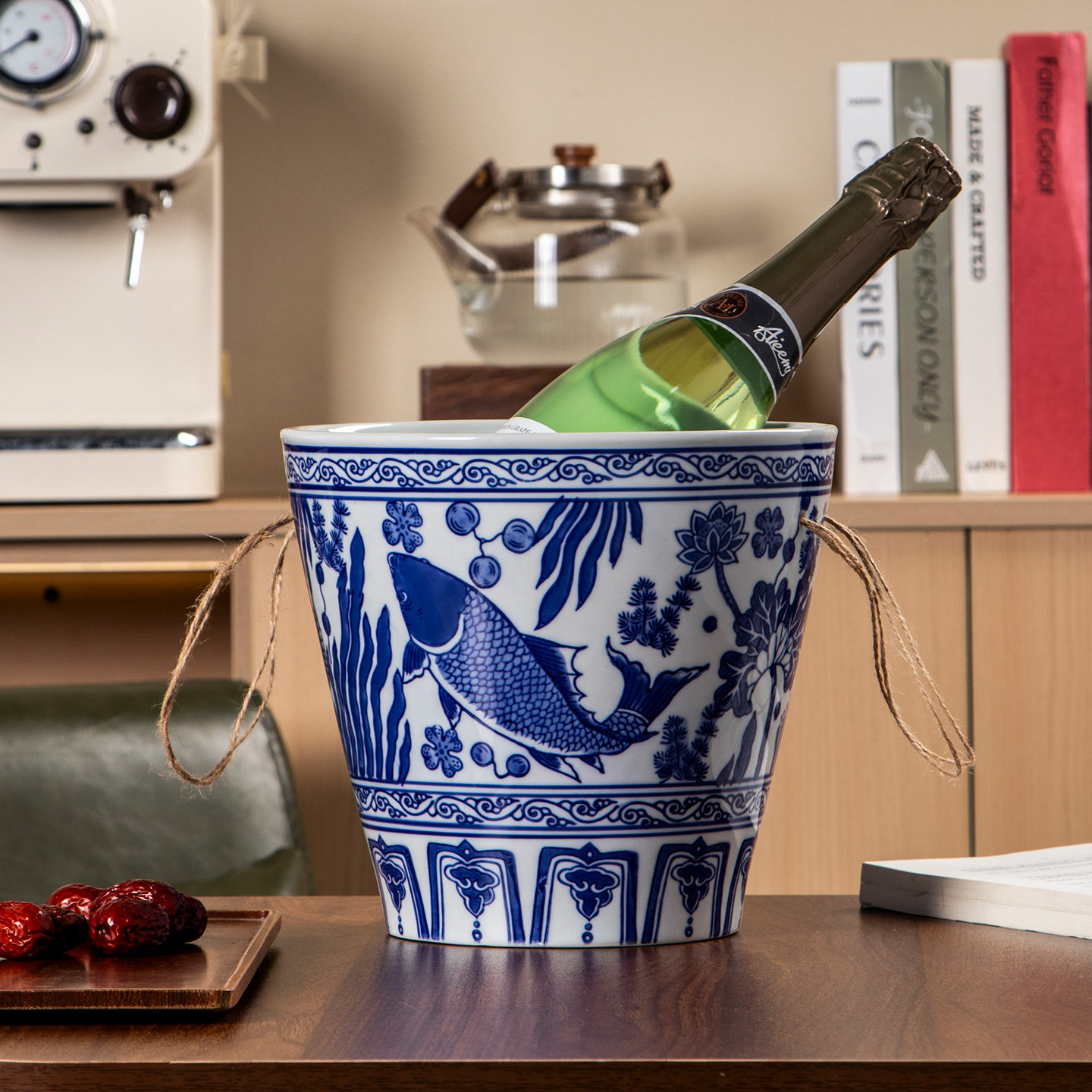 果礼 青花瓷陶瓷冰桶麻绳手柄双鱼图案大容量高颜值收纳桶