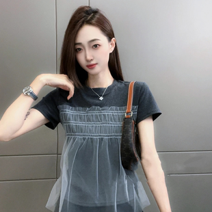 网纱拼接设计短袖 显瘦上衣甜美风 时尚 洋气正肩圆领T恤女宽松修身