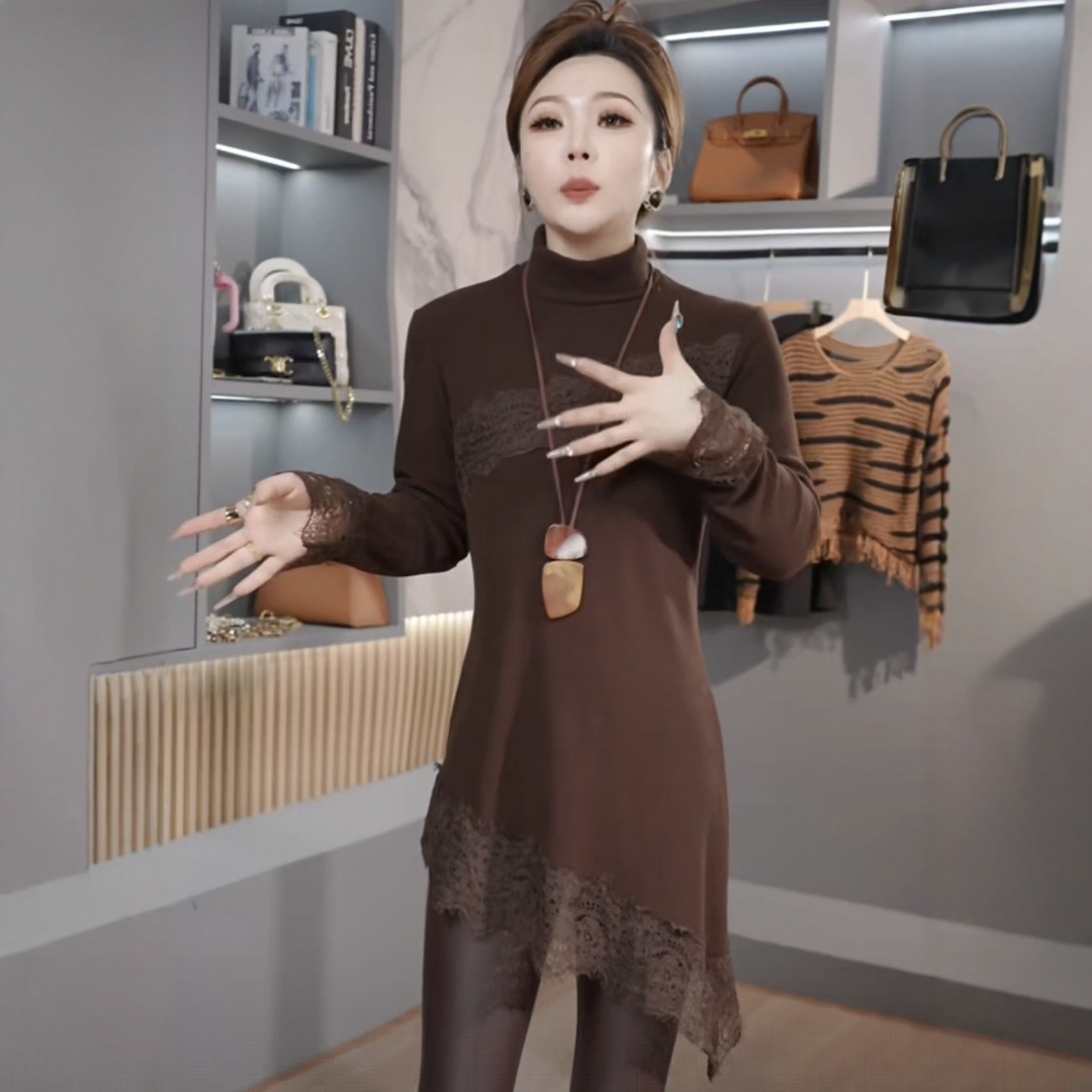 时尚百搭蕾丝拼接设计高领打底衫