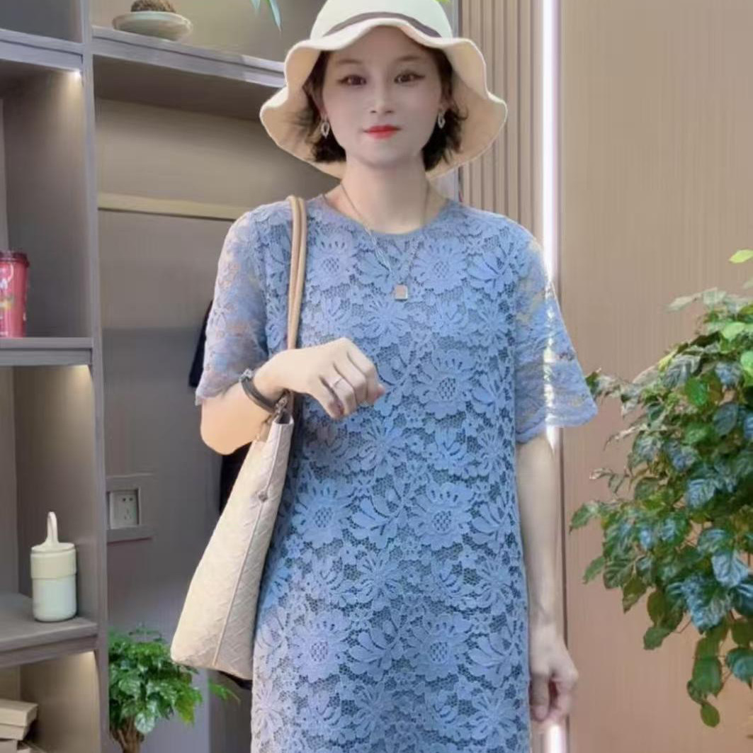 气质圆领蕾丝中长裙夏新款百搭纯色女装时尚高级显瘦短袖连衣裙潮