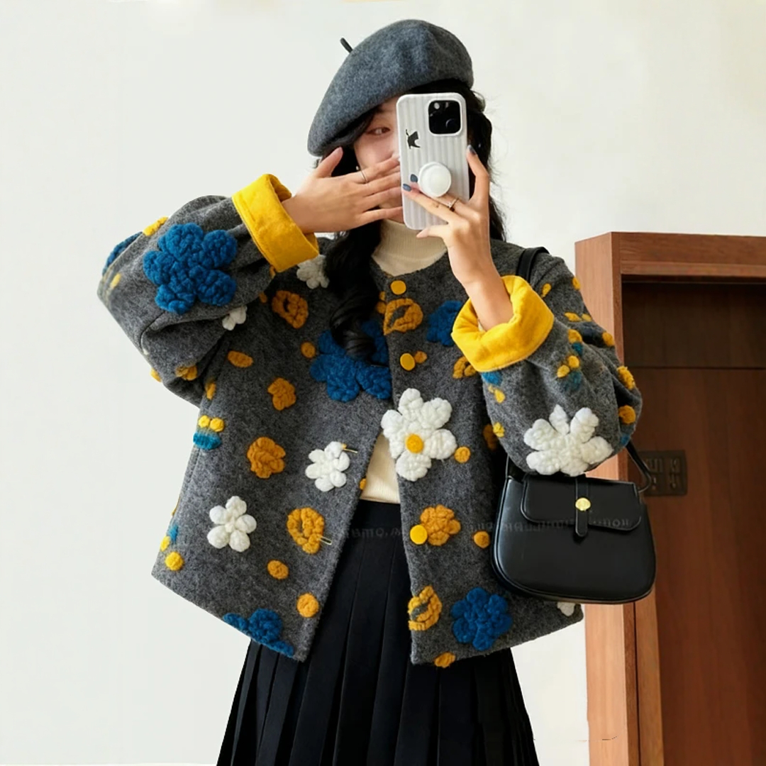 高档法式复古设计感毛呢植绒外套