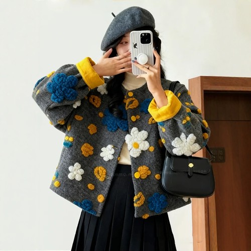 高档法式复古设计感毛呢植绒外套