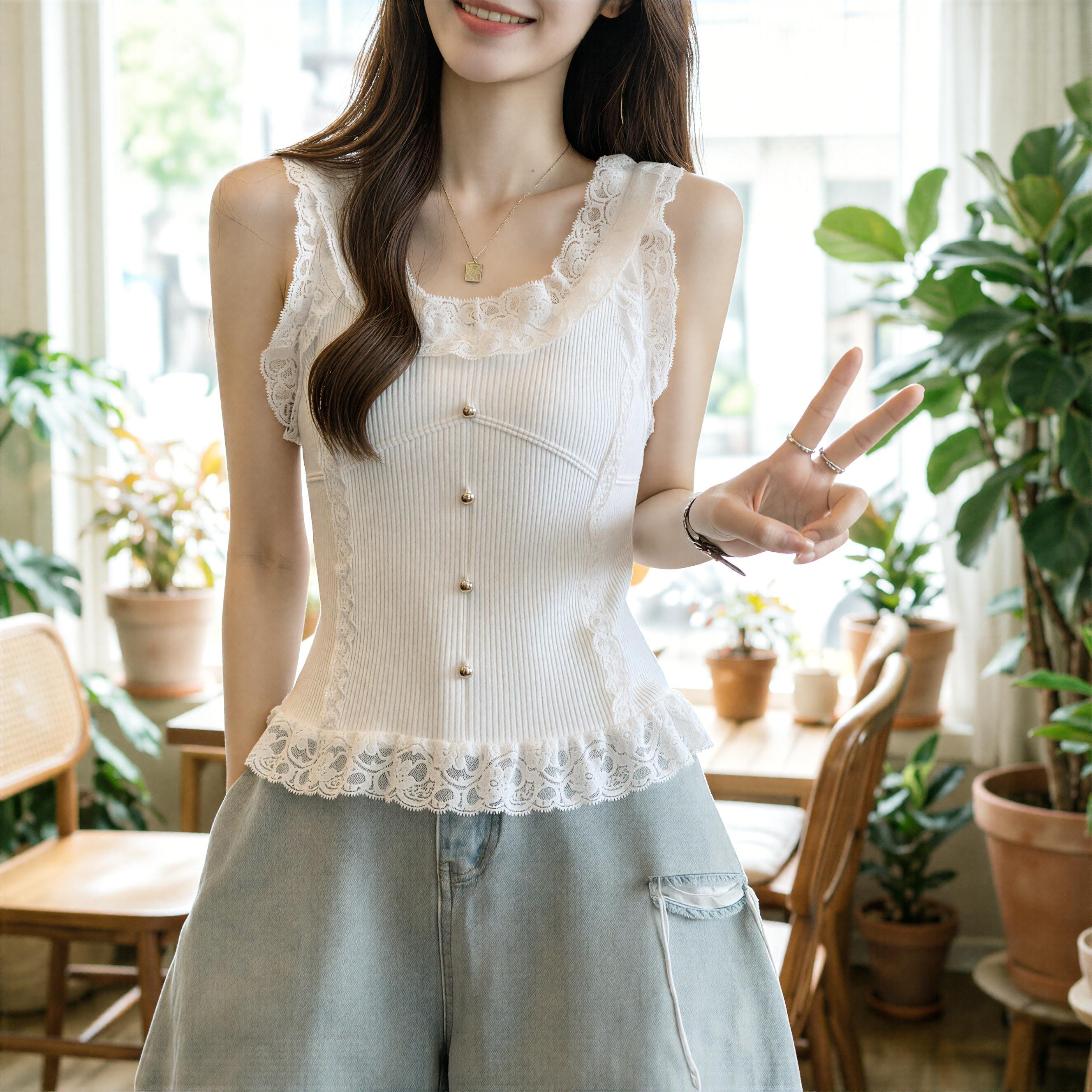 大码胖mm2026夏新款蕾丝显瘦配衬衫无袖外穿内搭背心吊带上衣