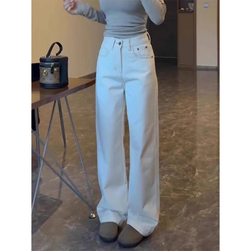 美式白色直筒牛仔裤女小个子2026春季新款高腰垂感显瘦窄版阔腿裤