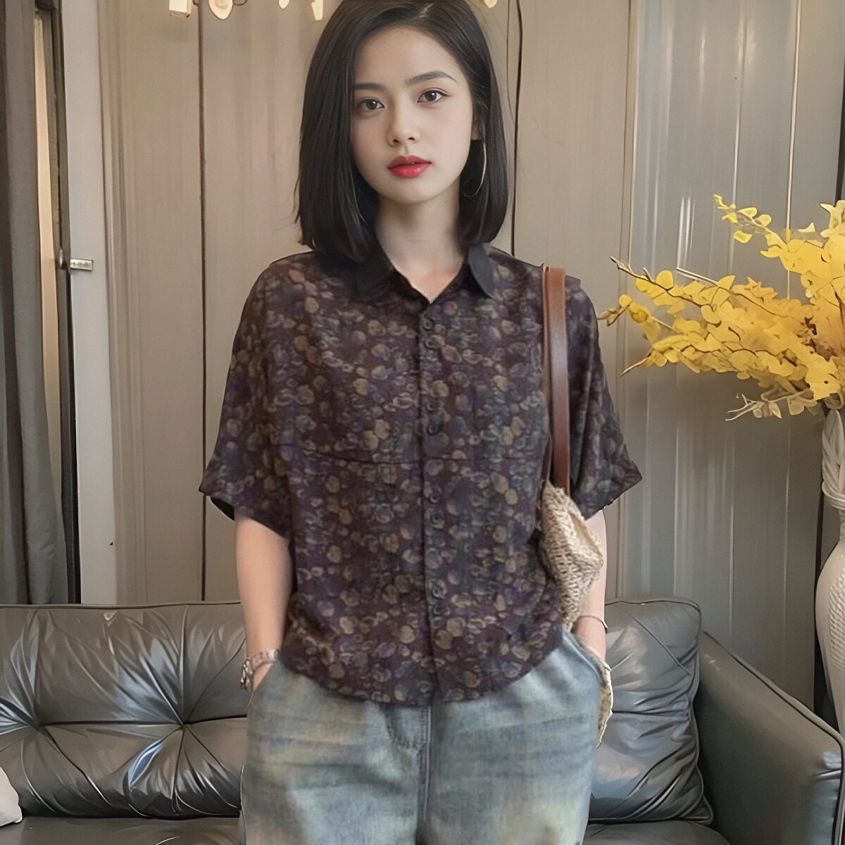 夏季新款百搭时尚女装小衫气质减龄宽松休闲蝙蝠衫衬衫复古上衣