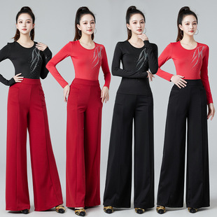 广场舞服装三步踩新款烫钻舞蹈服修身版上衣高腰阔腿裤套装双人舞