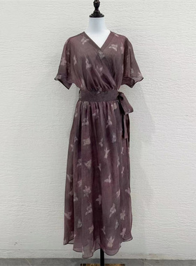 西班牙小众COR紫色印染轻薄苎麻V领短袖连衣裙收腰长裙女