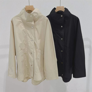 北欧TOT25早秋新款蝙蝠袖A字夹克外套女黑色短款风衣立领宽松