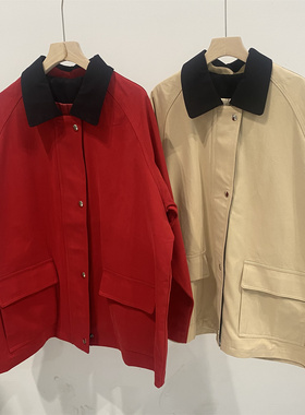 25新款小众ROW风全棉质牛津布撞色翻领工装廓形夹克外套女巴恩风