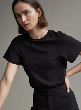 北欧风tot 20春夏新款肩部设计感刺绣有机棉弧形圆领女短袖T恤