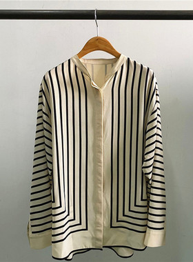 北欧新款tot字母标条纹印花桑蚕丝宽松不规则真丝衬衫衬衣女