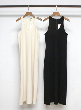 2023夏季新款tot粘纤长款低圆领A字裙无袖连衣裙女小众百搭