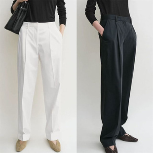 女百搭简约风休闲 长裤 春夏款 北欧小众TOT棉质斜袋褶裥廓形直筒裤