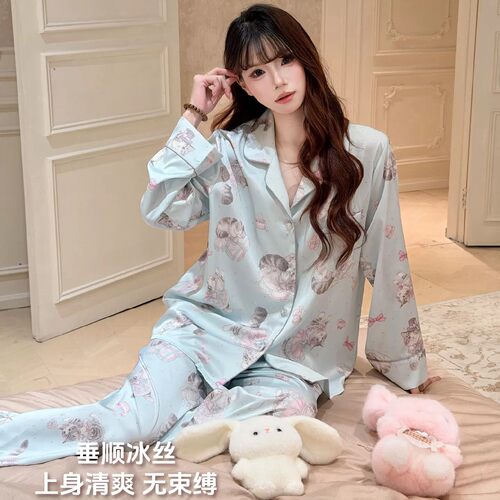 法国HoHiO可爱小猫真冰丝睡衣女