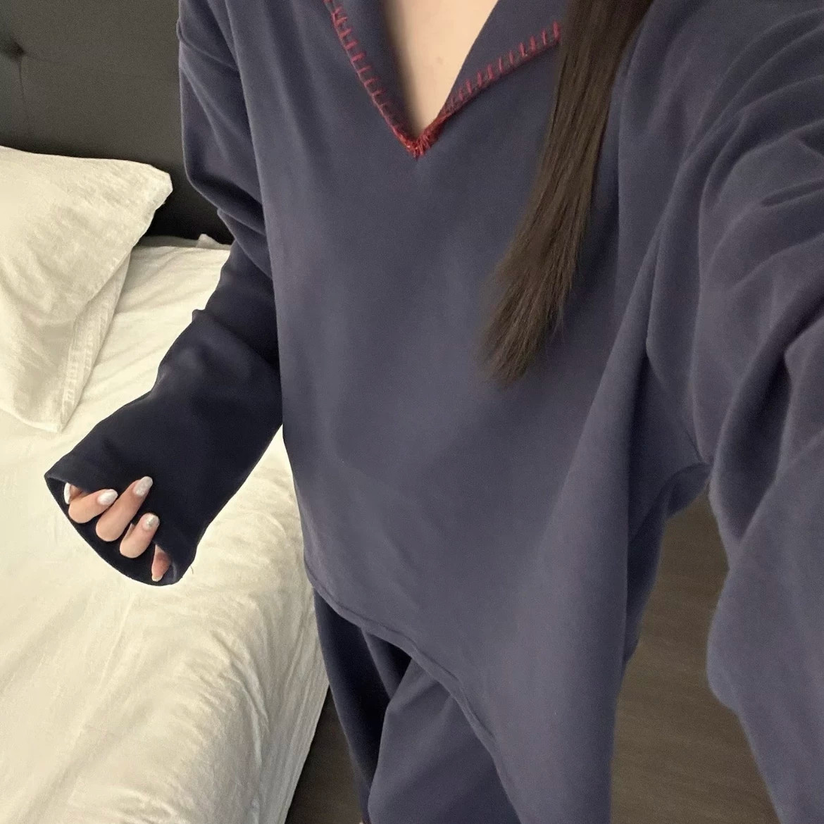 法国HoHiO藏青色德绒睡衣女款秋冬季加厚保暖简约休闲家居服套装