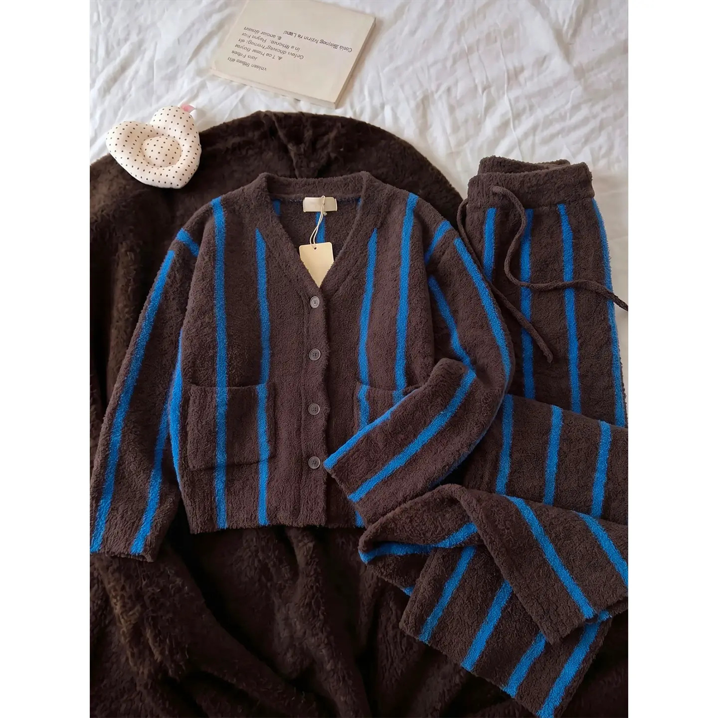 维多利亚复古高级感条纹针织半边绒睡衣女冬季保暖长袖家居服套装