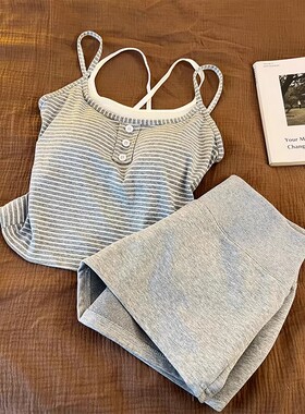 日本GP日系条纹吊带背心女大码舒适夏修身短裤家居服套装休闲上衣