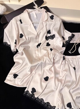 日本GP高级感爱心印花冰丝女款夏季短袖睡衣蕾丝拼接家居服套装