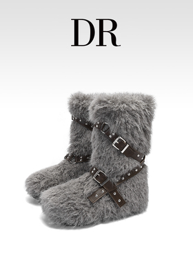 DR官方正品厚底加绒保暖灰色雪地靴2025冬季皮带扣防寒中筒毛毛靴