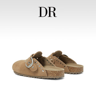 包头半拖休闲百搭懒人鞋 DR官方正品 女2025冬季 饰真皮勃肯鞋 铆钉装