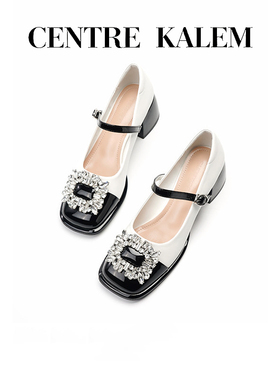 【CENTREKALEM鞋履】浅口中跟百搭小香风拼色玛丽珍鞋女水钻单鞋