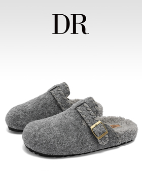 DR官方正品厚底呢子包头半拖鞋秋冬一脚蹬外穿厚底灰色毛毡勃肯鞋