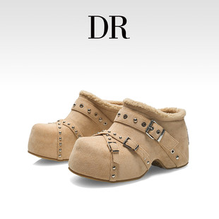 百搭毛毛鞋 DR官方正品 内增高皮带扣时尚 厚底女2025冬季 铆钉勃肯鞋