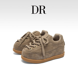 棕色厚底休闲圆头面包鞋 女2025冬季 真皮复古丑萌德训鞋 DR官方正品