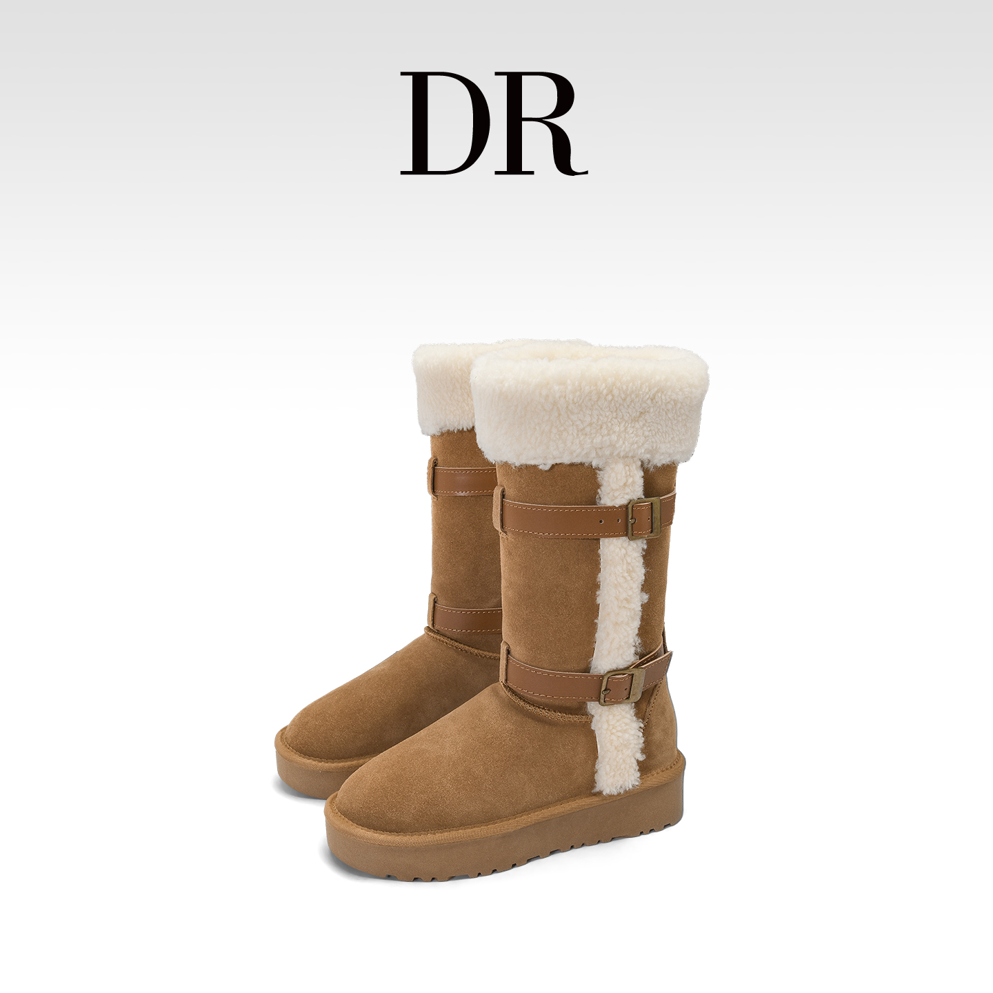 加绒保暖皮带扣长筒靴防滑雪地靴