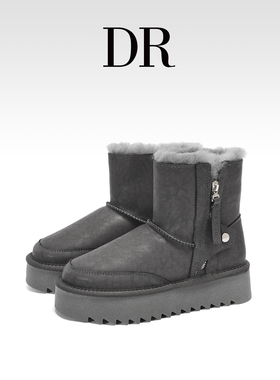 DR官方正品皮厚底灰色中筒雪地靴冬季雪地靴女防滑加绒棉鞋短靴子