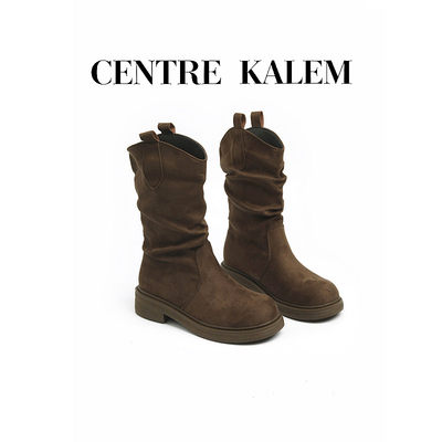 【CENTREKALEM鞋履】磨砂绒面褶皱中筒英伦马丁靴女V口圆头厚底
