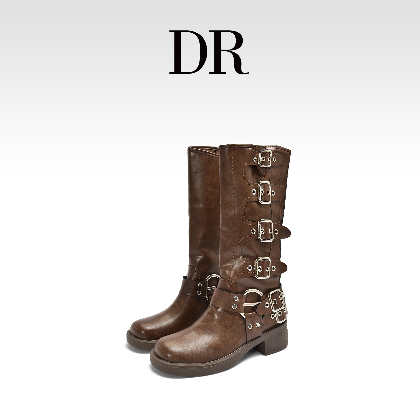DR官方正品美拉德西部牛仔靴女2025年新款粗跟长筒靴不过膝高筒靴