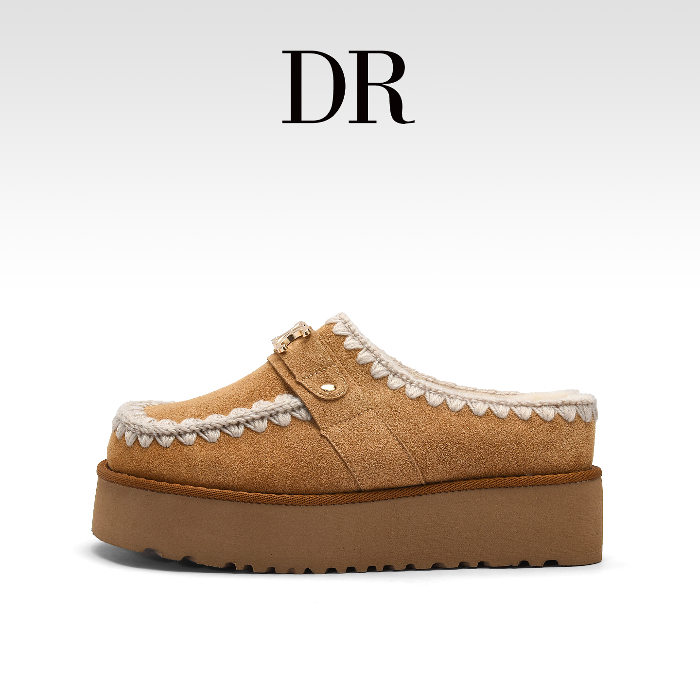 DR官方正品冬日2025新款秋冬金扣包头厚底毛毛勃肯拖鞋女半拖外穿