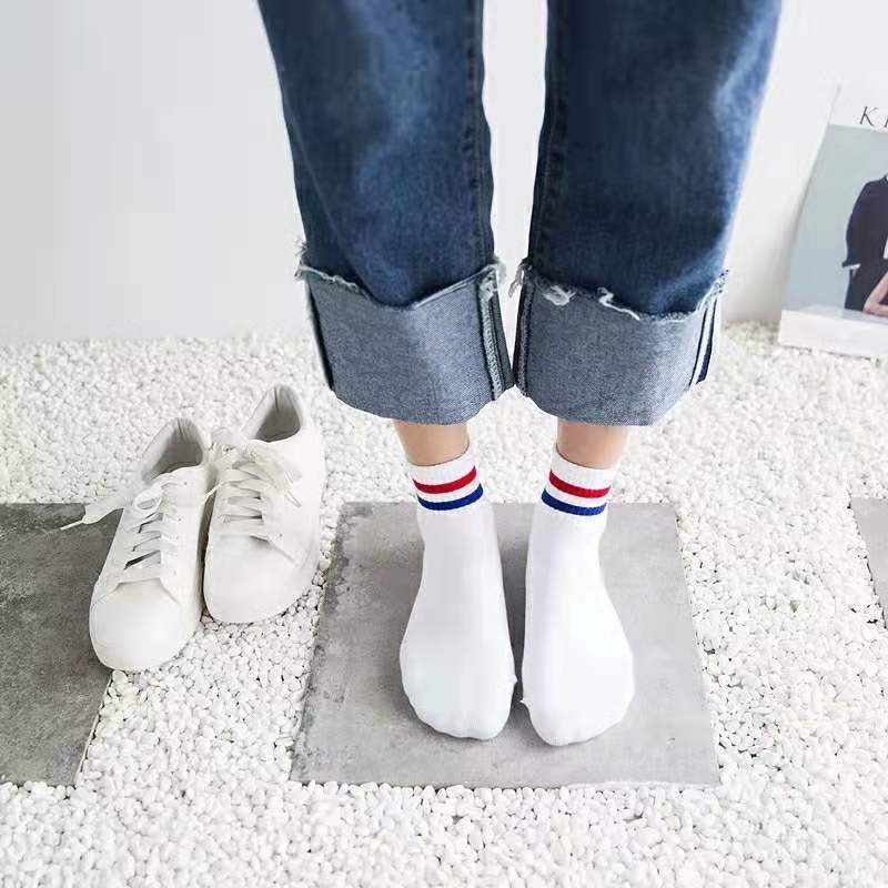 全棉袜休闲棉底学生袜男女袜子韩版中筒运动春夏季半筒袜二杠