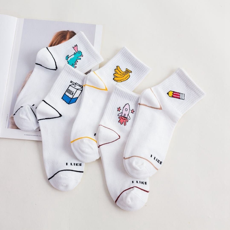 5双新款韩版日系女短袜船袜隐形棉袜可爱卡通水果动物运动休闲袜