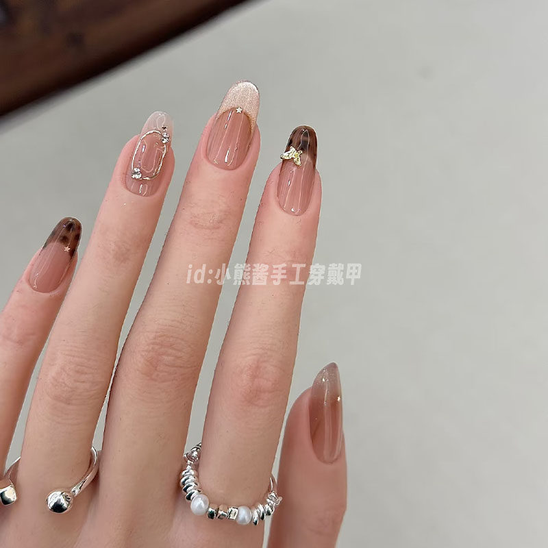 【枫糖豹纹】老钱风秋冬晕染法式手工穿戴甲手绘豹纹猫眼显白美甲