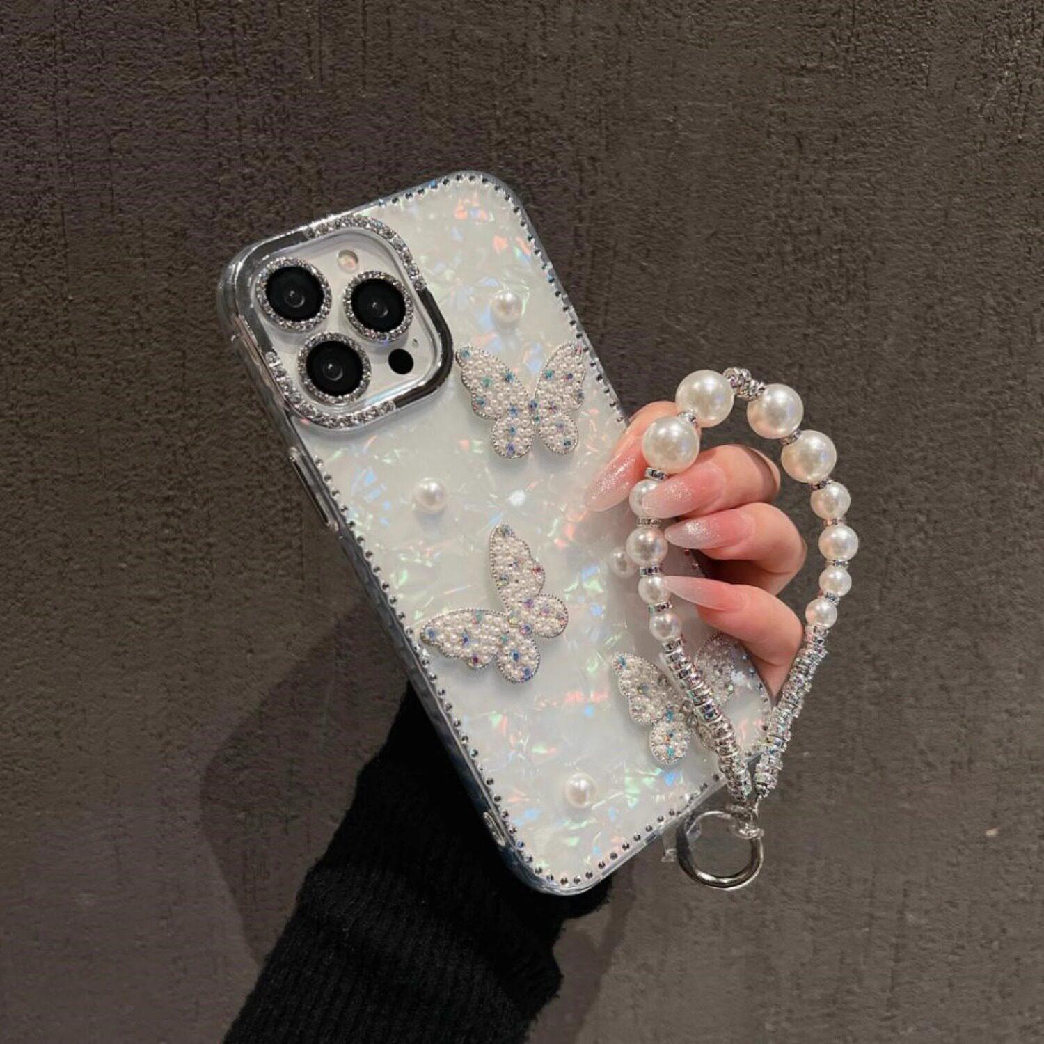 贝母纹蝴蝶星星适用苹果16promax闪钻边框手机壳iPhone15女神款带手链14PM水钻镜头膜ip13全包防摔保护套12