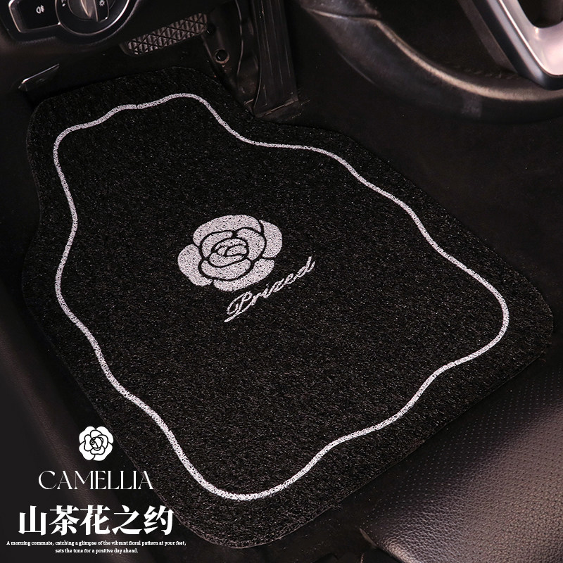汽车脚垫女士车内主驾驶丝圈通用款可爱卡通山茶花小轿车脚踏垫子