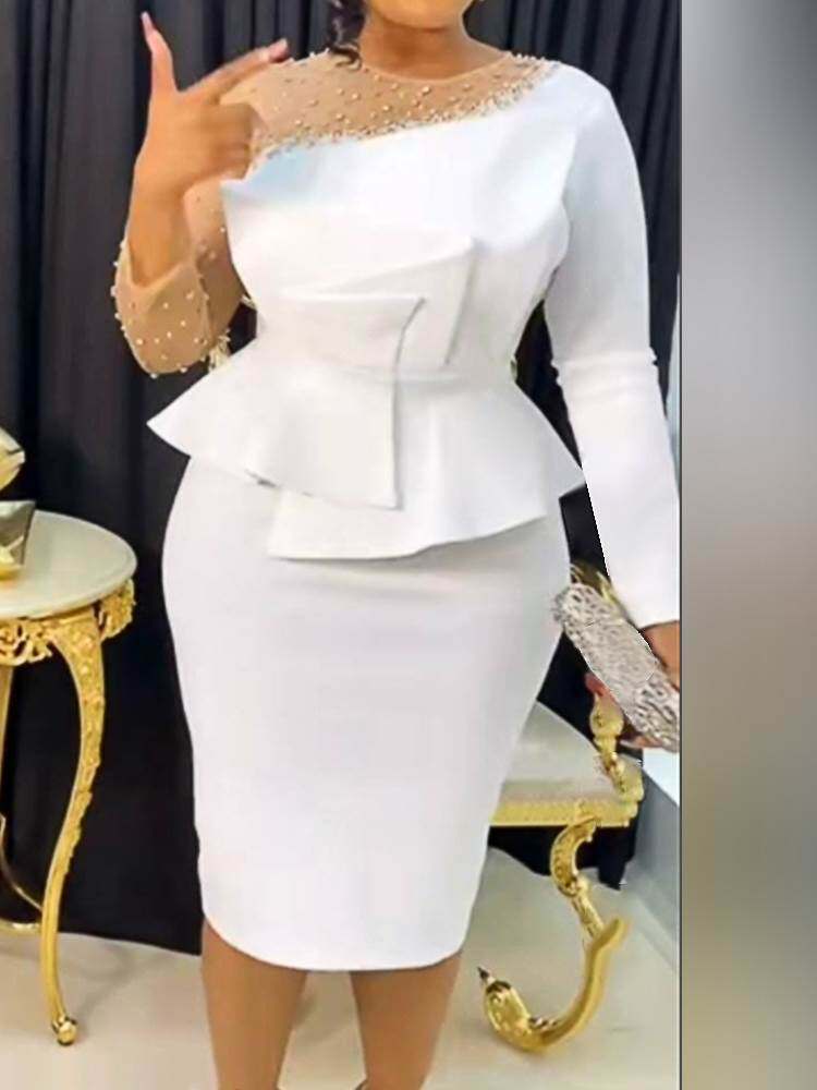欧美大码钉珠显瘦假二件礼服连衣裙Plus Size Beaded Party Dress
