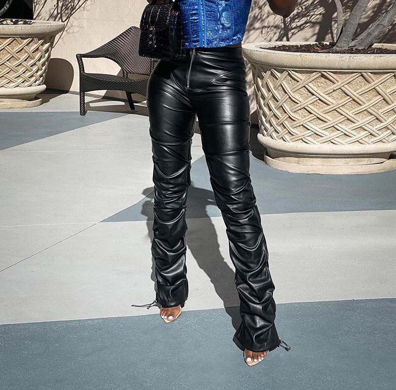 sexy ruffled zipper pants欧美ins风高腰包臀休闲束脚仿皮长裤