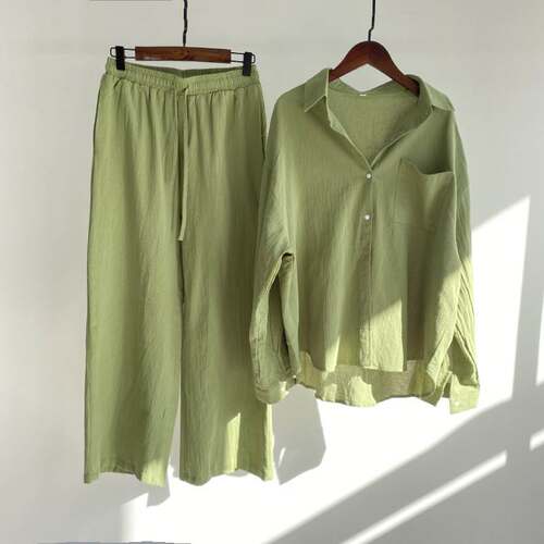 Women's fashion cotton linen shirt suit high waist slack