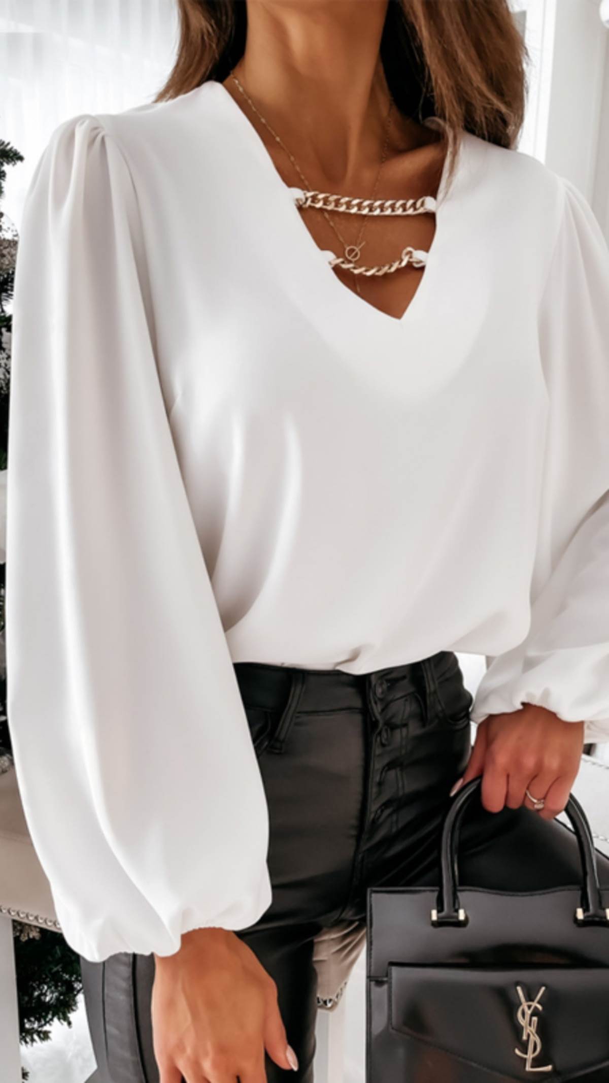 欧美风春宽松灯笼袖低领百搭链条长袖衬衣套头衬衫blouse shirt女
