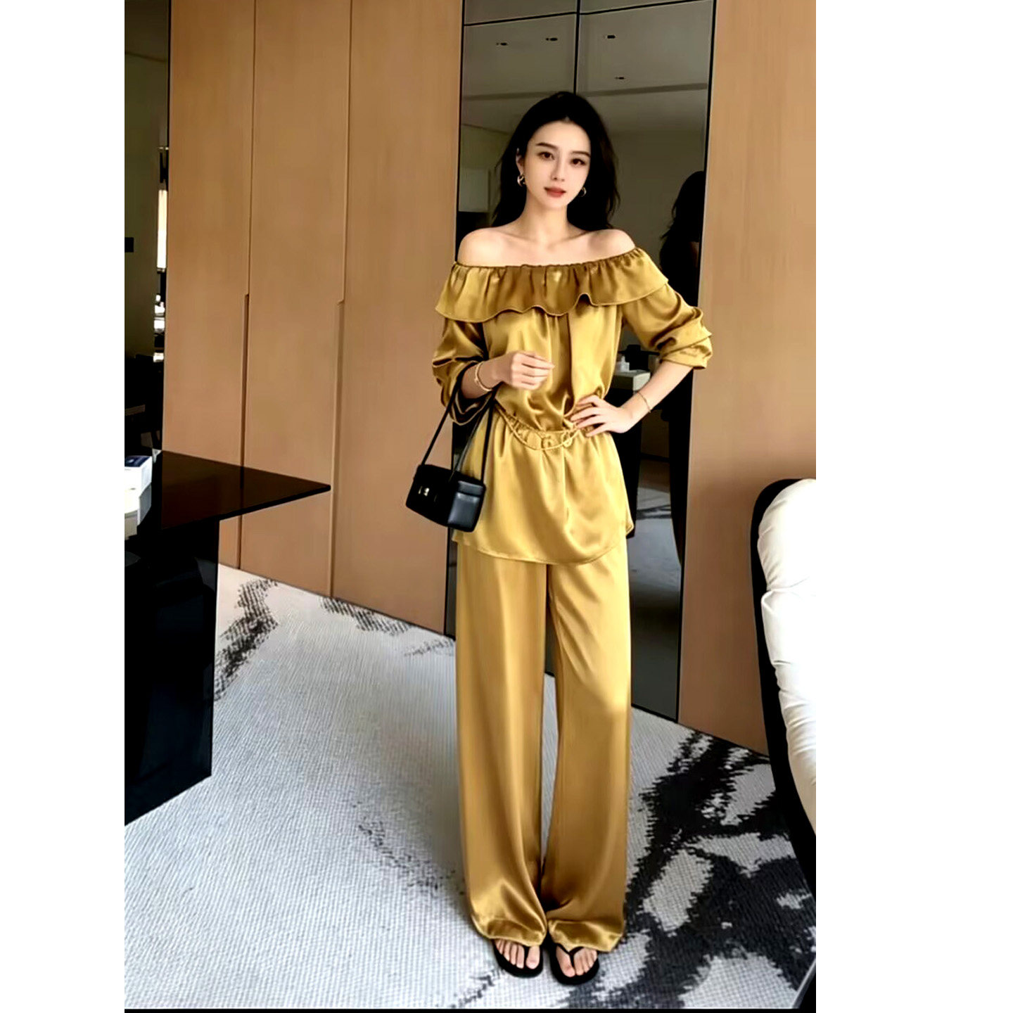 森王者新款春夏复古金色女士款一字肩长袖衬衫+阔腿直筒裤两件套
