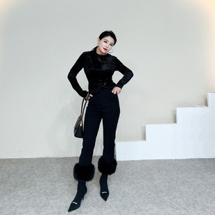 小众设计新款秋冬黑色时尚女士8分裤子牛仔裤脚毛毛时尚大气女裤