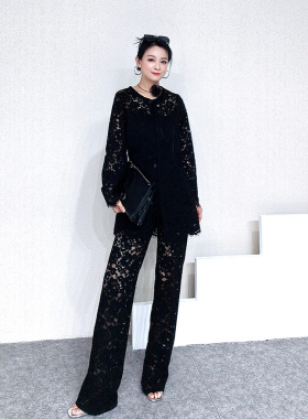 小众设计款黑色蕾丝春夏时尚款黑色女士气质长袖套装直筒裤两件套