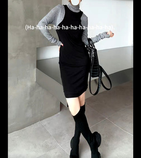 设计款黑拼灰女色连衣裙显瘦气质时尚打底衫高领长袖修身百搭