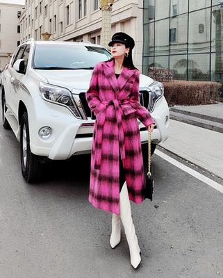 新款女士格子条纹毛呢羊绒大衣