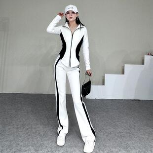 秋冬新款时尚小众设计拼色显瘦女士运动休闲卫衣外套两件套套装