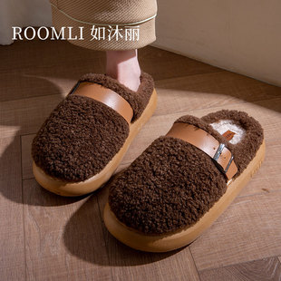 如沐丽秋冬室内皮带毛绒棉拖鞋女保暖加绒居家可外穿勃肯毛毛拖鞋