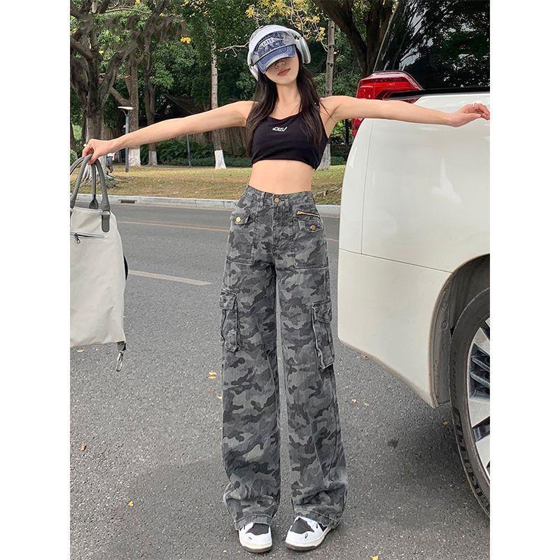 迷彩工装裤女辣妹高街宽松2025春季新款高腰阔腿牛仔裤显瘦拖地潮